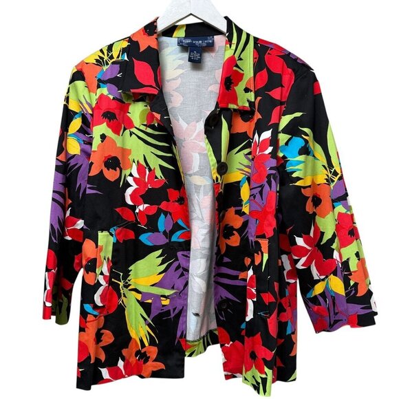 SUSAN GRAVER Bright Floral Blazer Size XL Black Multicolor Cotton Blend Jacket - Picture 6 of 9